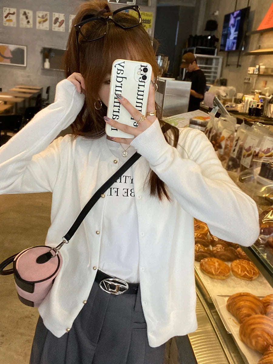 Knitted Women Cardigans New Long Sleeve O-Neck Black Knit Cardigan Women Tops Knitwears Sueters De Mujer Q1054