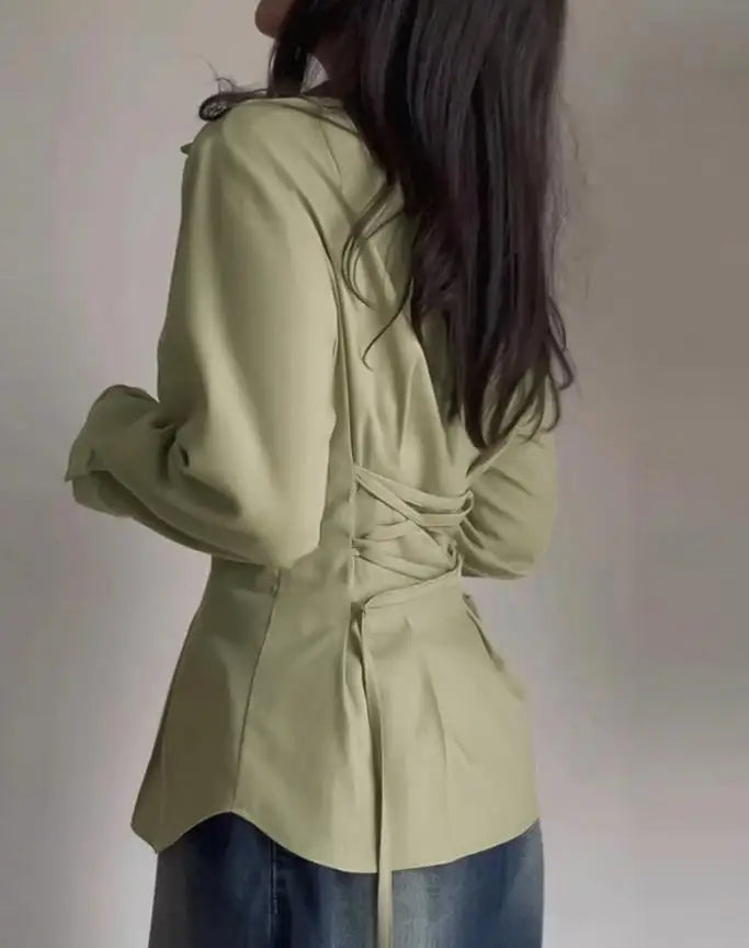 Women Shirt 2025 Spring New Turn-Down Collar Long Sleeve Button Front Blouse Casual Back Criss Cross Tied Detail Fishtail Shirt