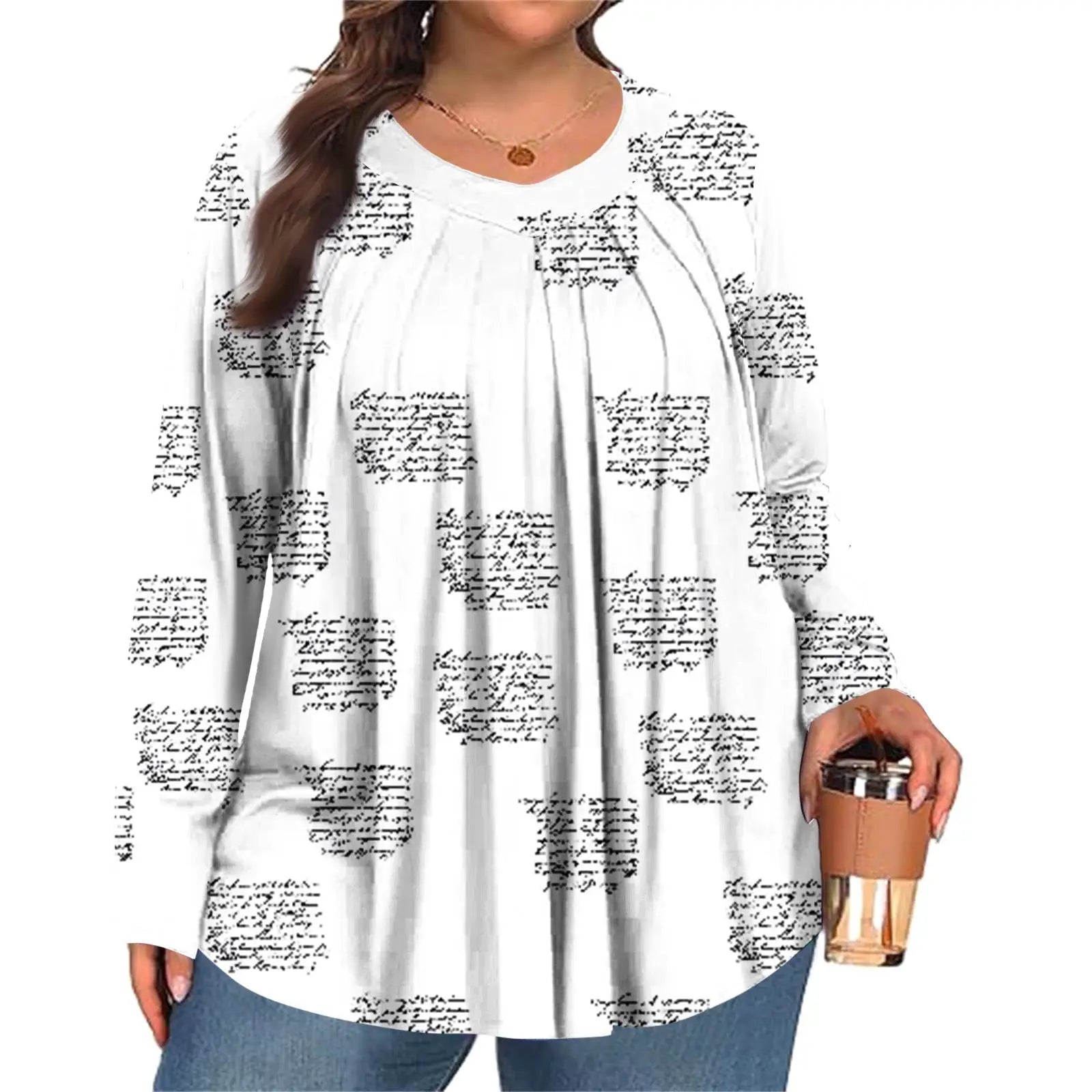 Plus Size Long Sleeve Top for Women Fashion Retro Floral Print Pleated Round Neck T-shirt Female Casual Autumn Base Shirt