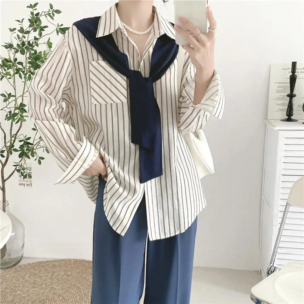 Autumn Maillard Style Fake Two-piece Women Shirt Brown Kintted Shawl Back Vertical Stripe Shirt Blouse French Style Women Shirt