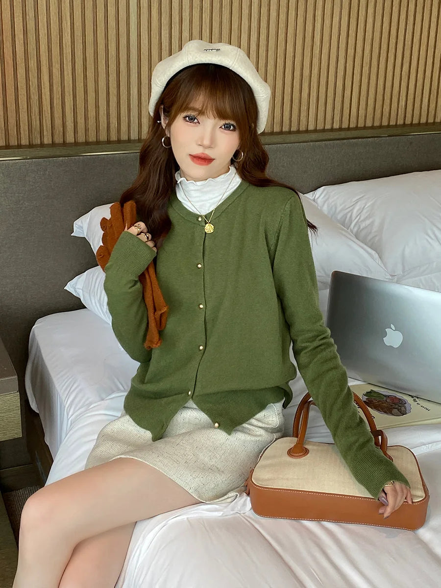 Knitted Women Cardigans New Long Sleeve O-Neck Black Knit Cardigan Women Tops Knitwears Sueters De Mujer Q1054