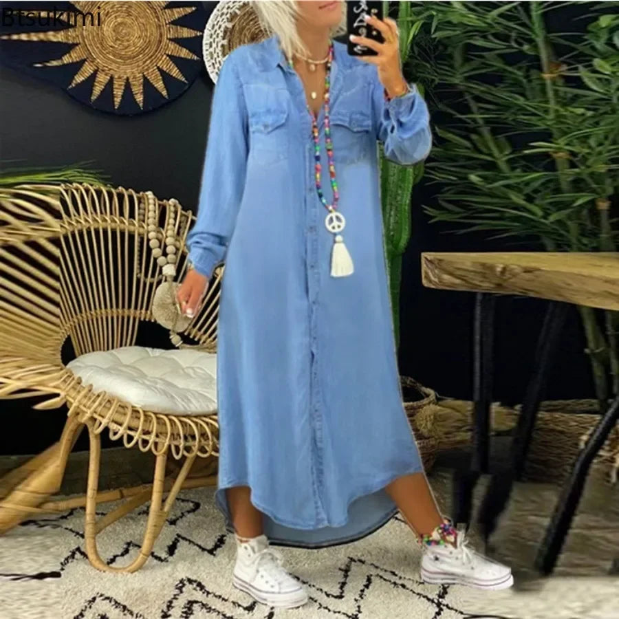 2026 Women's Spring Autumn Denim Dress Blue Long Sleeve Elegant Long Jeans Dresses Female Casual Fashion Holiday Ladies Dress