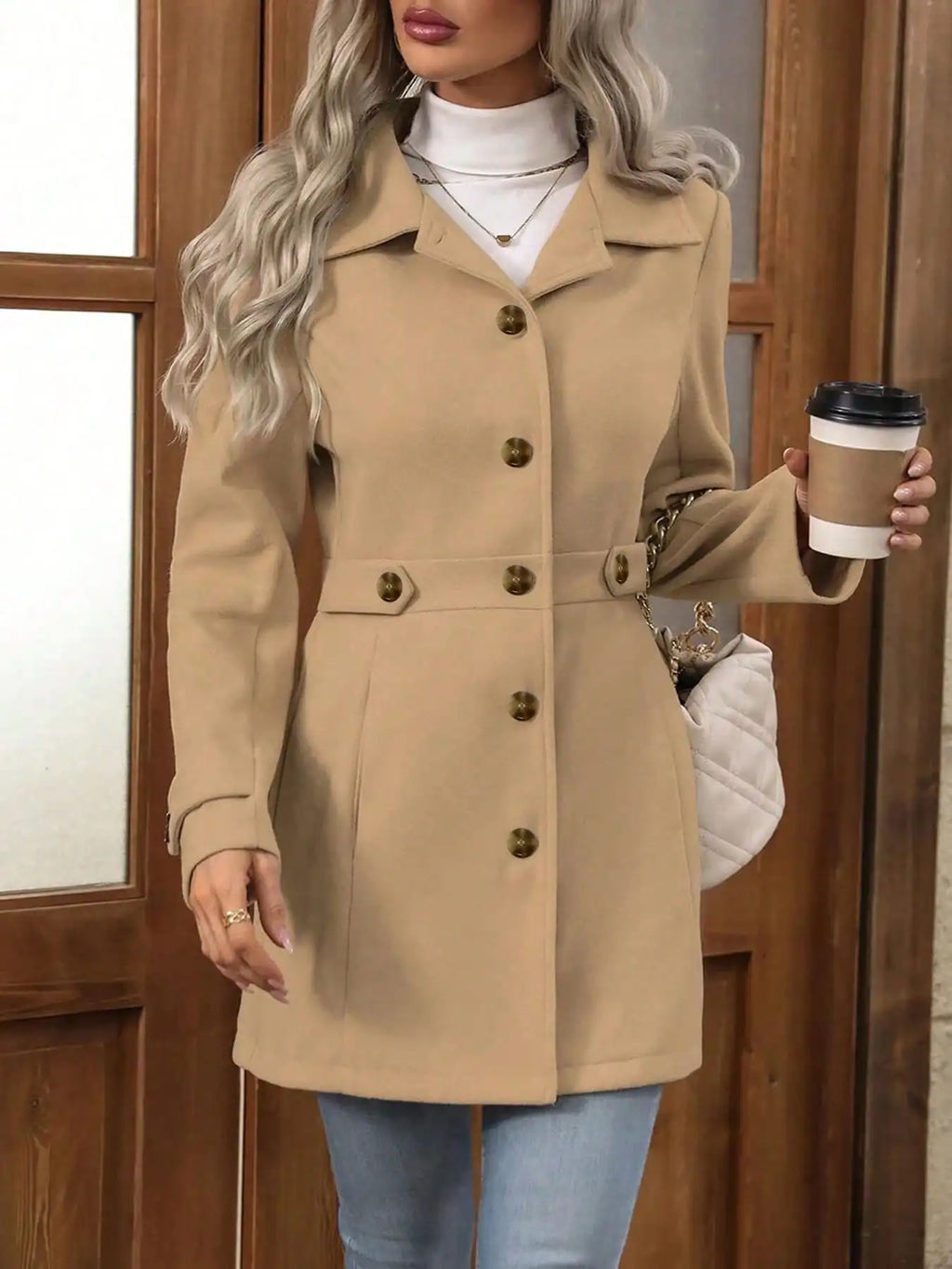Plus-size Elegant Woolen Coat for Autumn and Winter - Lapel, Button Detail, Slim-Fitting