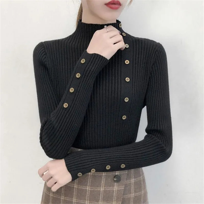 2026 Autumn Knitted Turtleneck Sweaters Women Solid Knitted Female Cotton Soft Elastic Color Slim Pullovers Button Full Sleeve