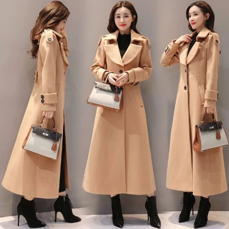 Women's Long Woolen Coat 2026 Spring Autumn New Korean Waist Slimming Over-Knee Thick Keep Warm Woolen Coat Lady Overcoat