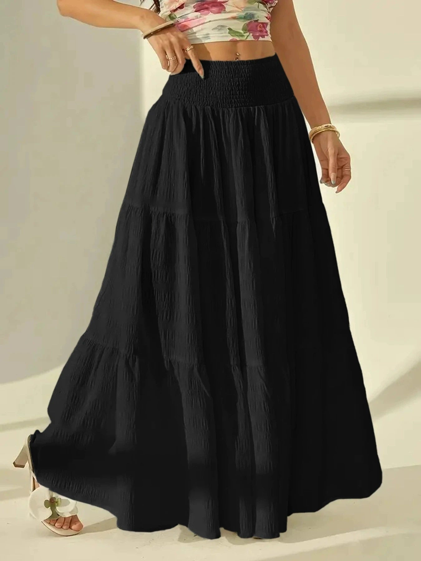 Summer Women White Tiered Maxi Skirt, High Waisted Elastic Waist Pleated Flowy Long Skirt