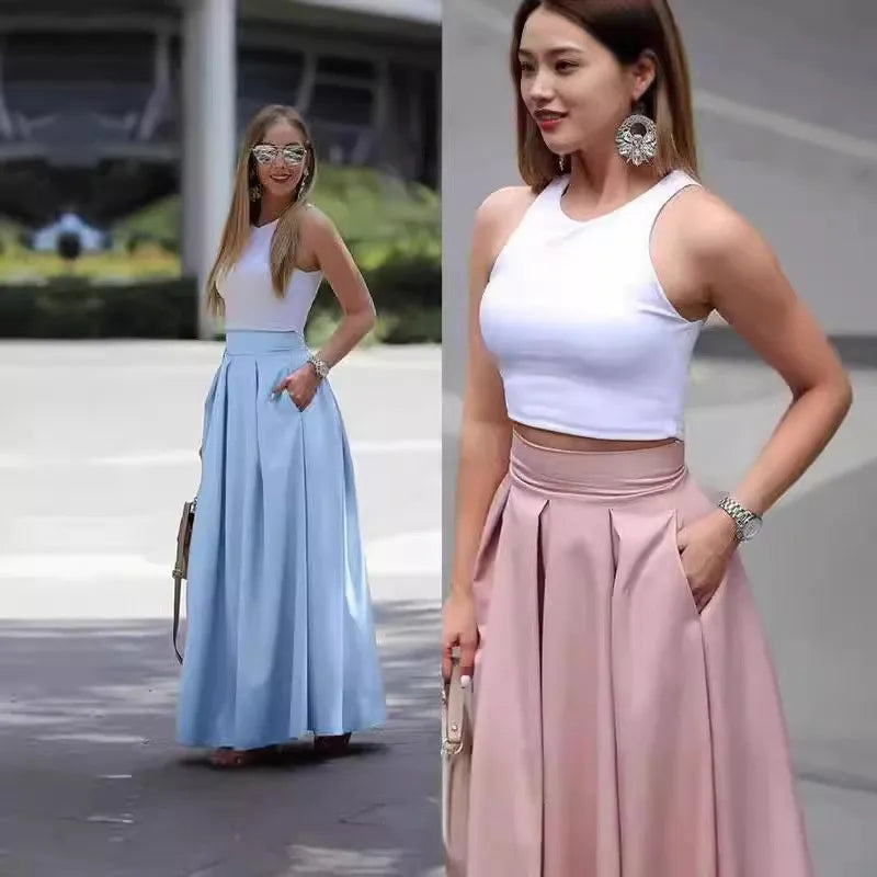 Long Skirts For Women Spring Summer High-waist Solid Color Long Skirt Women's Pocket Commuting A-line Pleated Fashion Long Skirt