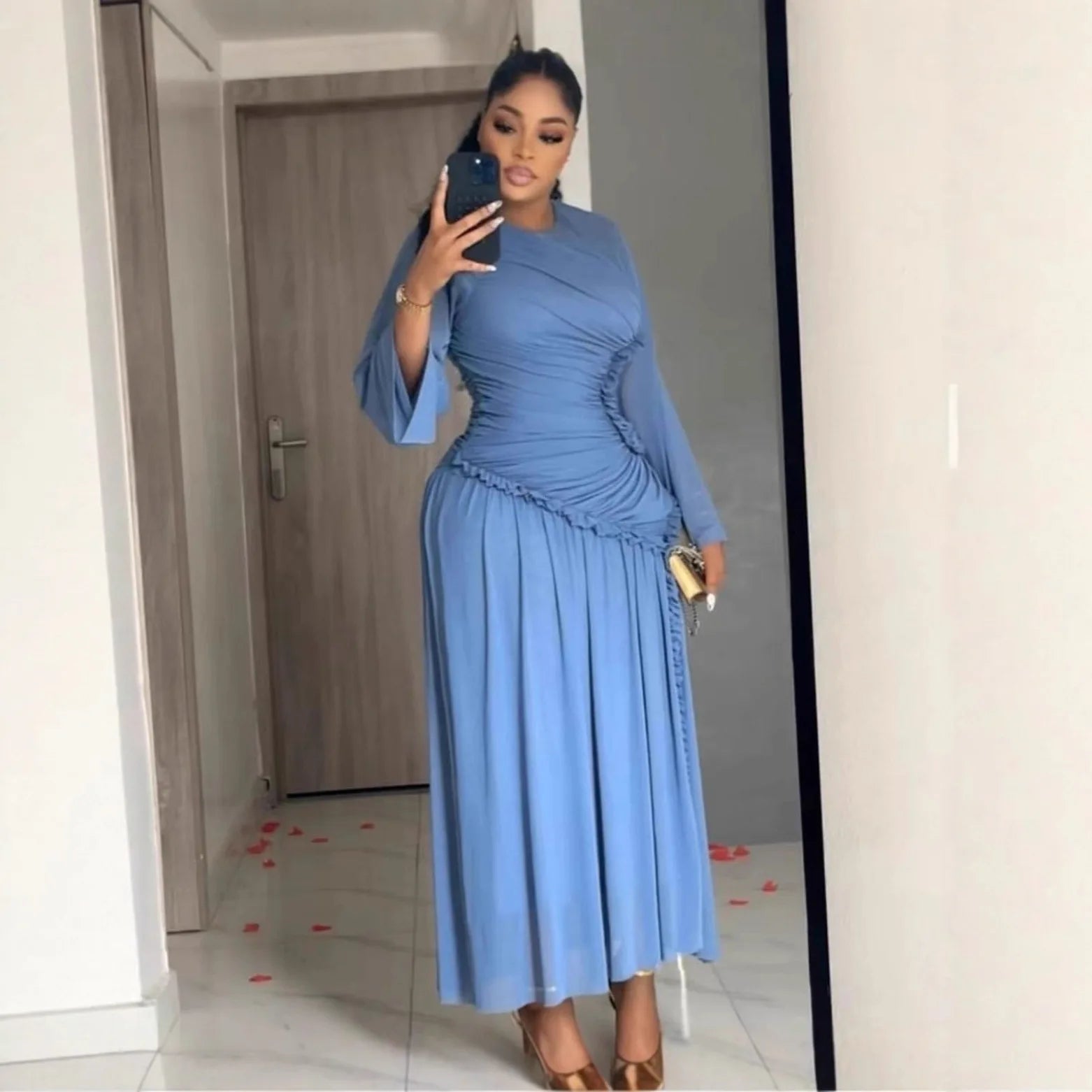 Plus Size Long-sleeved Elegant Dress, European and American Women's Clothing Round Neck Slim-fit Long Dress