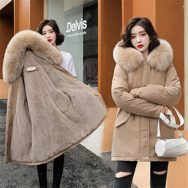 Winter Jacket Women Parka Fashion Long Coat Wool Liner Hooded Parkas Slim With Fur Collar Warm Snow Wear Padded Clothes