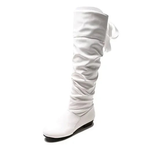 Knee High Boots Red Black White Tall Boots Woman Pleated Low Heel Casual Leather Female Long Shoes 2024
