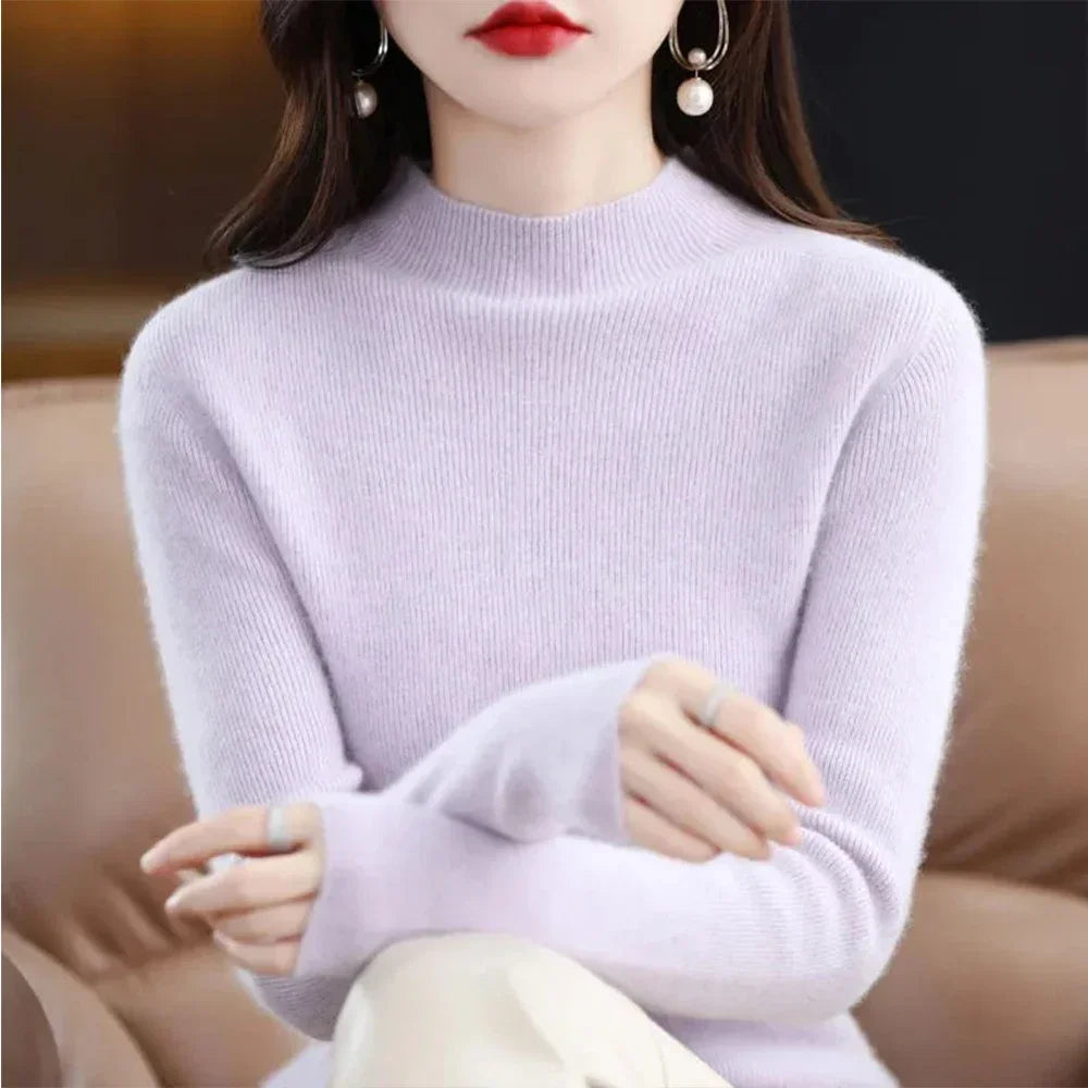 Temperament Pleated Pullover Sweater For Women Long-Sleeve Female S-2XL Siz Half High Collar Underlay Sleeve Sweater Slim Fit