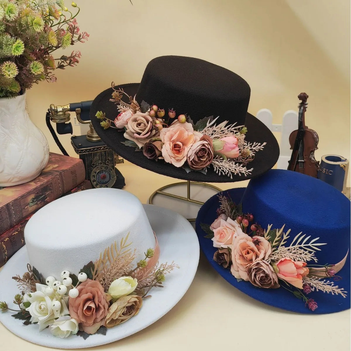 Fedora Hats Women's Flower flat cap Fashion Autumn Winter Warm Flat Top Basin Hats British Vintage Top Hats