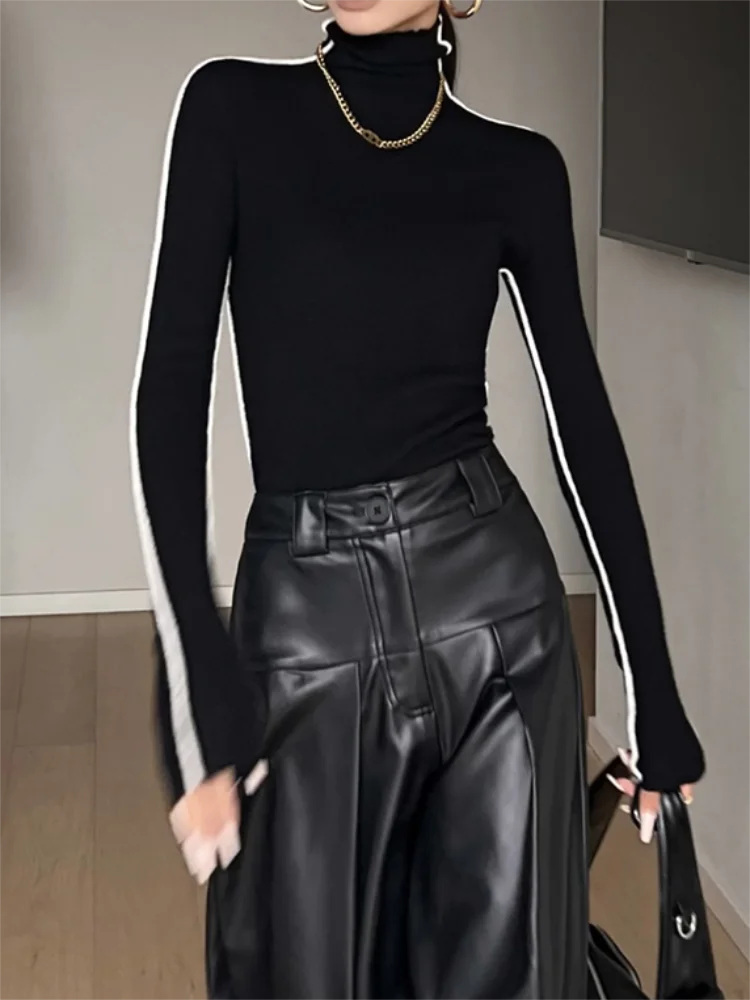 Fashion High Neck T-shirt Women Autumn Winter Trendy Color Blocking Slim Fit Tops Female Base Simplicity Long Sleeved Tops