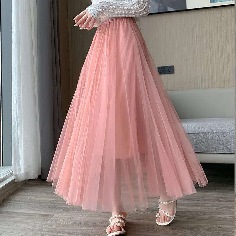 Mesh Skirt 2025 Spring Summer New Style for Women Fashion High Waist Mid-length Elastic Waist A-line Skirt Princess Long Skirt