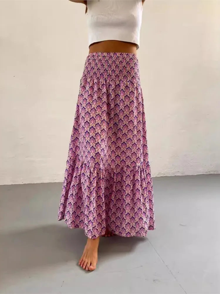 Elastic Waist Floral Print Boho Midi Skirt