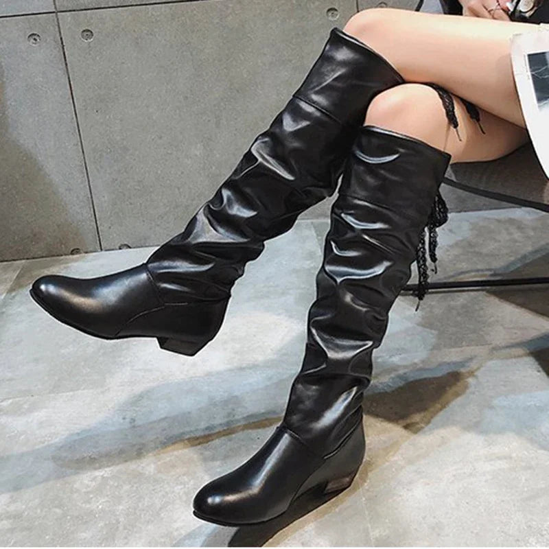 Knee High Boots Red Black White Tall Boots Woman Pleated Low Heel Casual Leather Female Long Shoes 2024