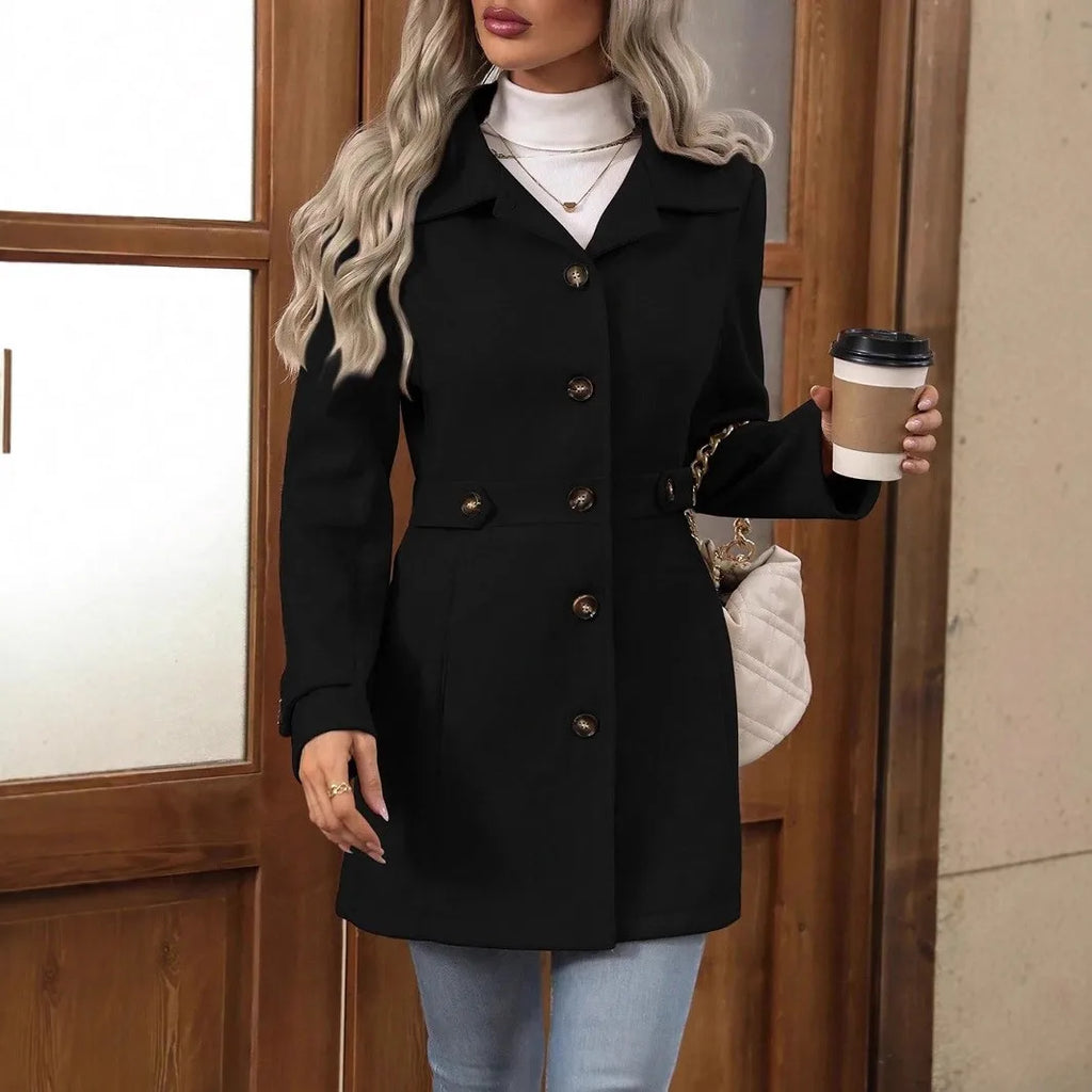 Plus-size Elegant Woolen Coat for Autumn and Winter - Lapel, Button Detail, Slim-Fitting