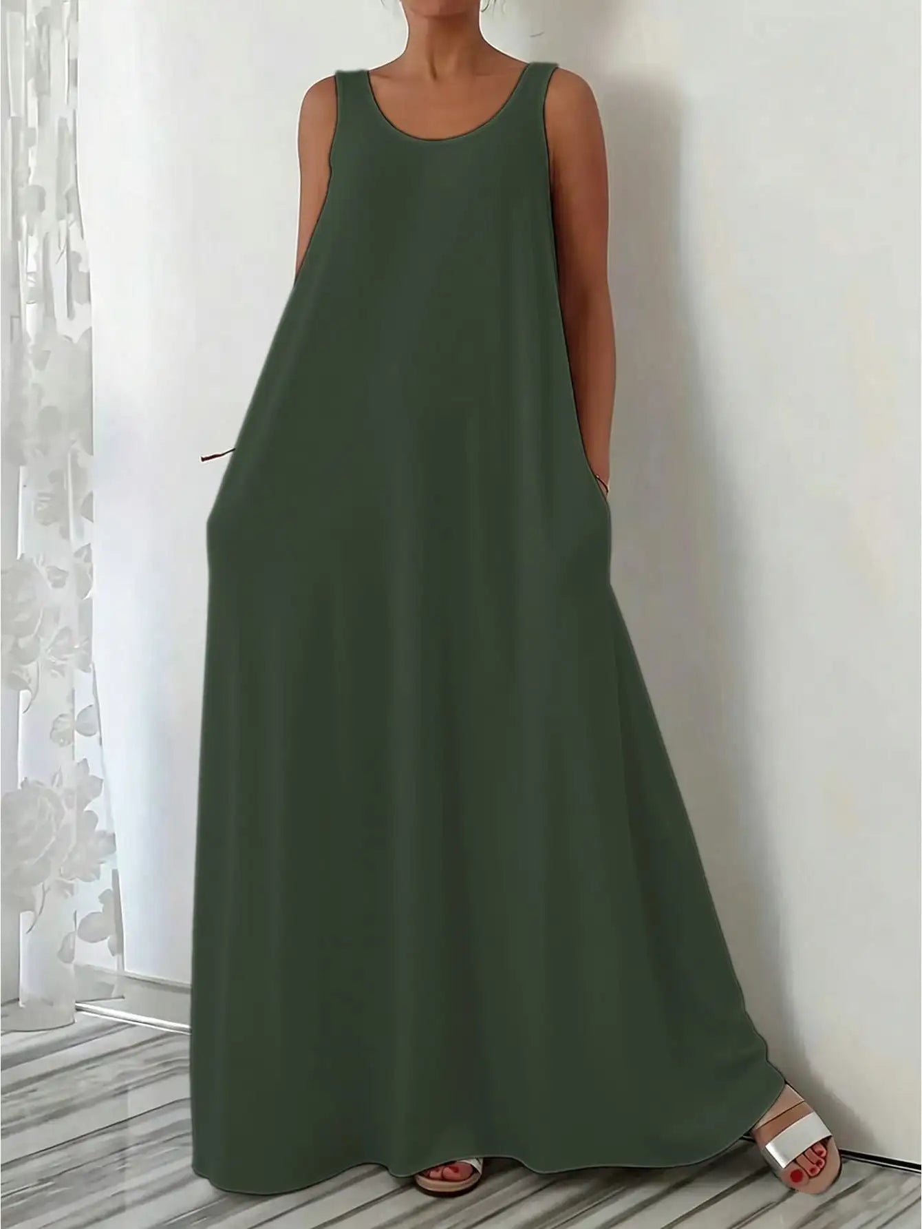 European and American new style casual fashion sleeveless loose pure color dress for women