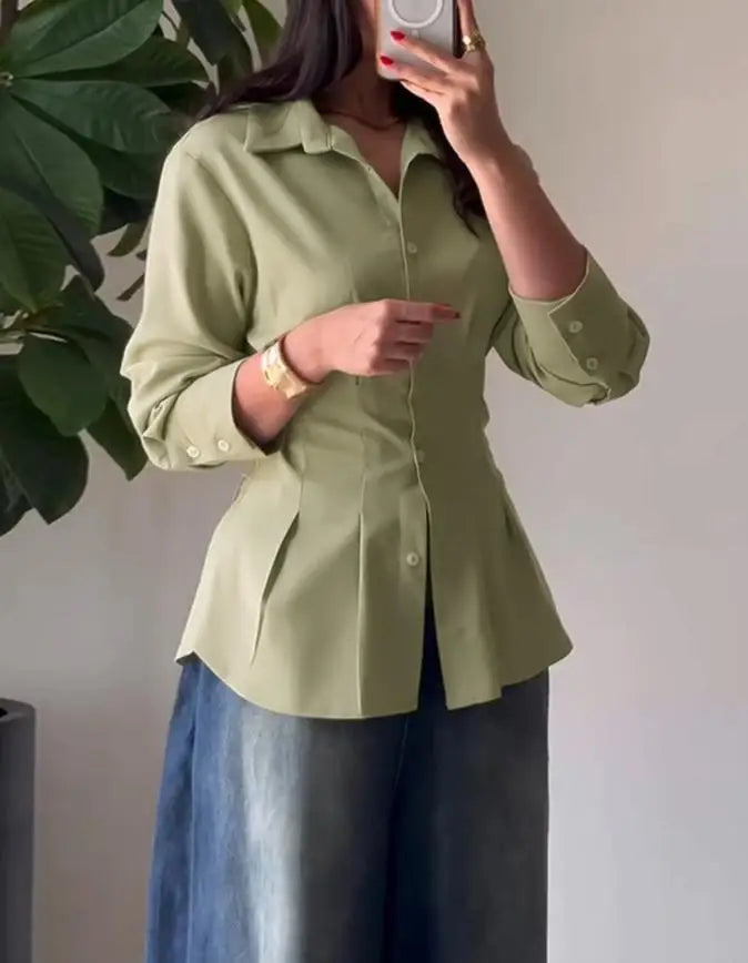 Women Shirt 2025 Spring New Turn-Down Collar Long Sleeve Button Front Blouse Casual Back Criss Cross Tied Detail Fishtail Shirt