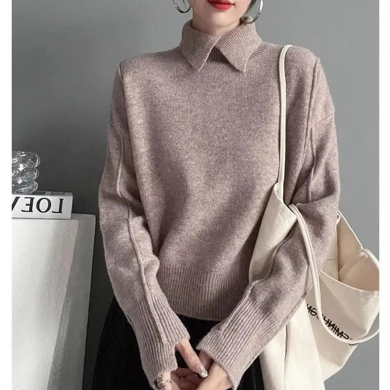 2025 Autumn Women Warm Shirt Turn-down Collar Solid Knit Pullover Winter Elegant All-match Long Sleeve Sweater Lady Elegant Tops