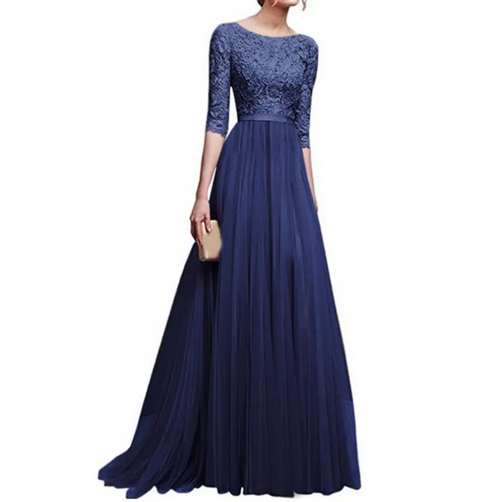 Women Maxi Dress Elegant Lace Flower Embroidered Maxi Evening Dress for Women Round Neck Half Sleeve Tight Waist Floor Length