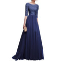 Women Maxi Dress Elegant Lace Flower Embroidered Maxi Evening Dress for Women Round Neck Half Sleeve Tight Waist Floor Length