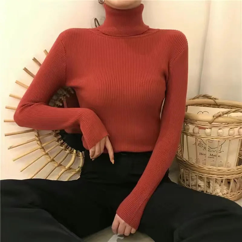 Women Heaps Collar Turtleneck Sweaters Autumn Winter Slim Pullover Women Basic Tops Casual Soft Knit Sweater Soft Warm Jumper
