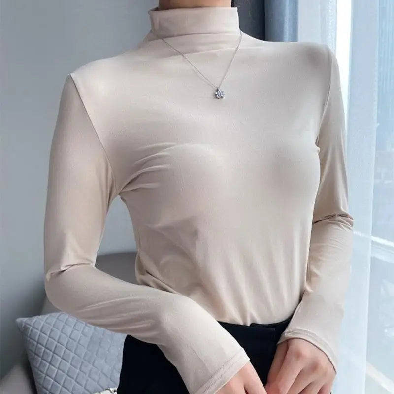 Autumn Winter Women T Shirt Long Sleeve Solid Color Pullover Basic Half Turtleneck Slim Fit Casual Top Korean Fashion Undershirt