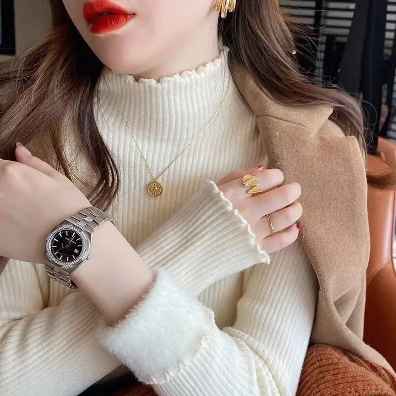 New Autumn/winter Velvet Thick  Sweater Women's Casual Half High Collar Cozy  Pullover Elegant Office Lady Warm Base Knit Top