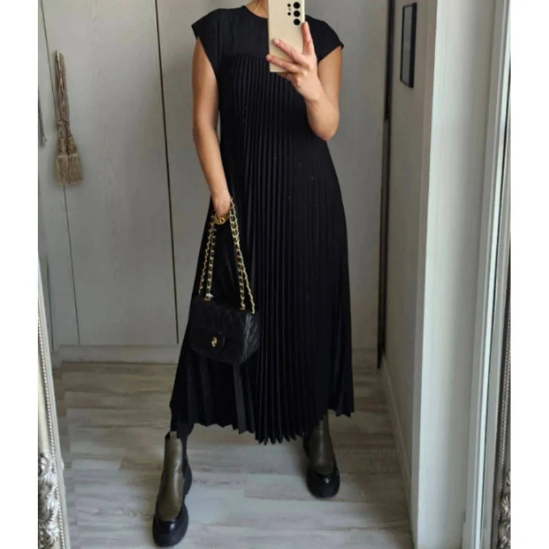 Women's Sleeveless Dress, Mid-Length Pleated Solid-Colour Round Neck Loose-Fit Casual Long Dress for Everyday Commuting