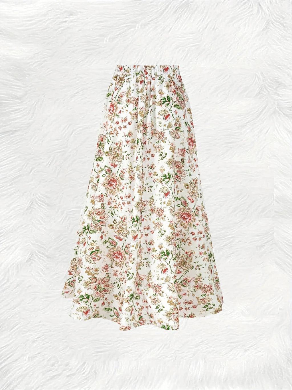Printed Design Red & White Ditsy Floral Print All-Season Women's Maxi Skirt, Boho Elastic Waist Flowy Half Skirt