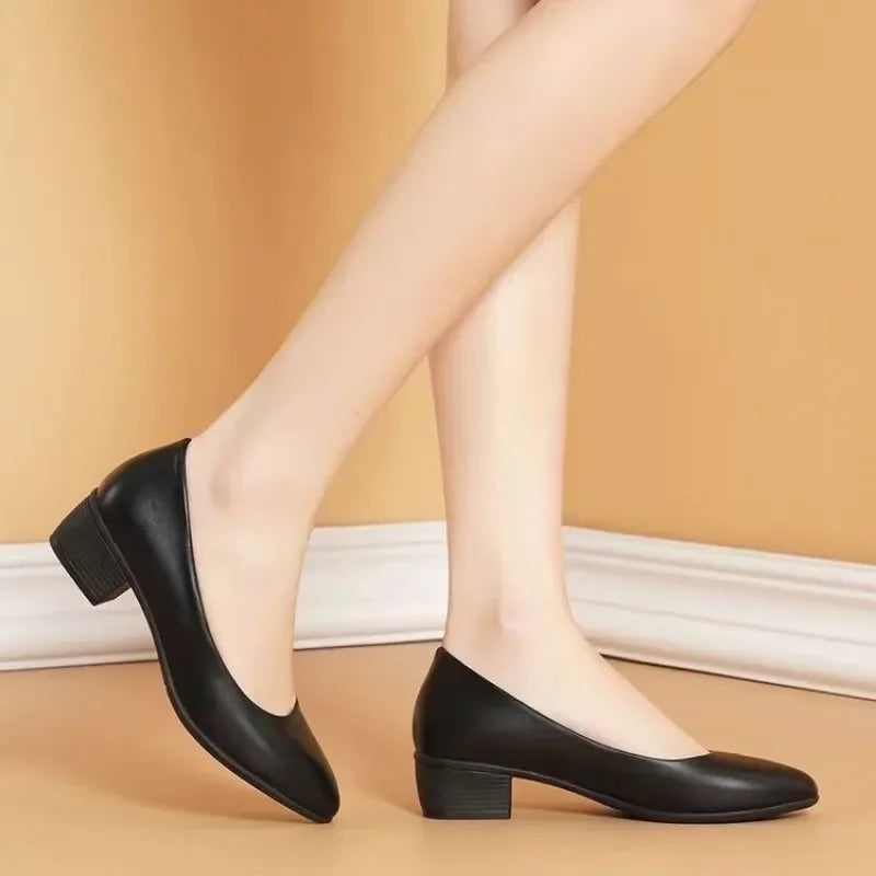 Women's Professional Work Shoes - Black Chunky Heel Classic Mom Flats, Soft Sole Slip-On Commuter Comfortable Shoes