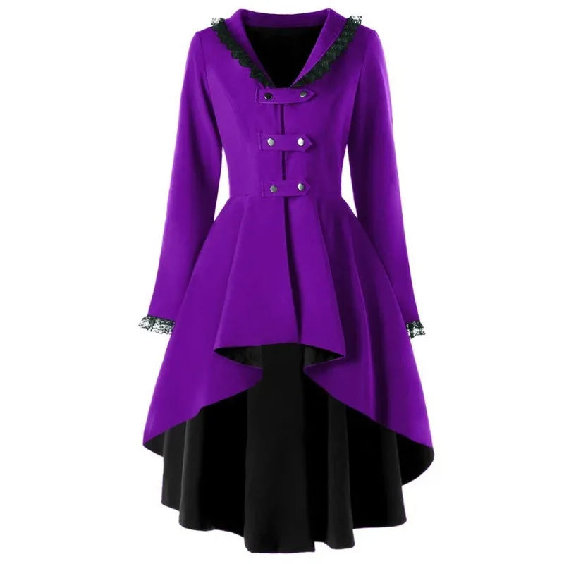 Tailcoat Vintage Long Coat Irregular Hem With Unique Buttons And Lace Trim Womens Trench Coat