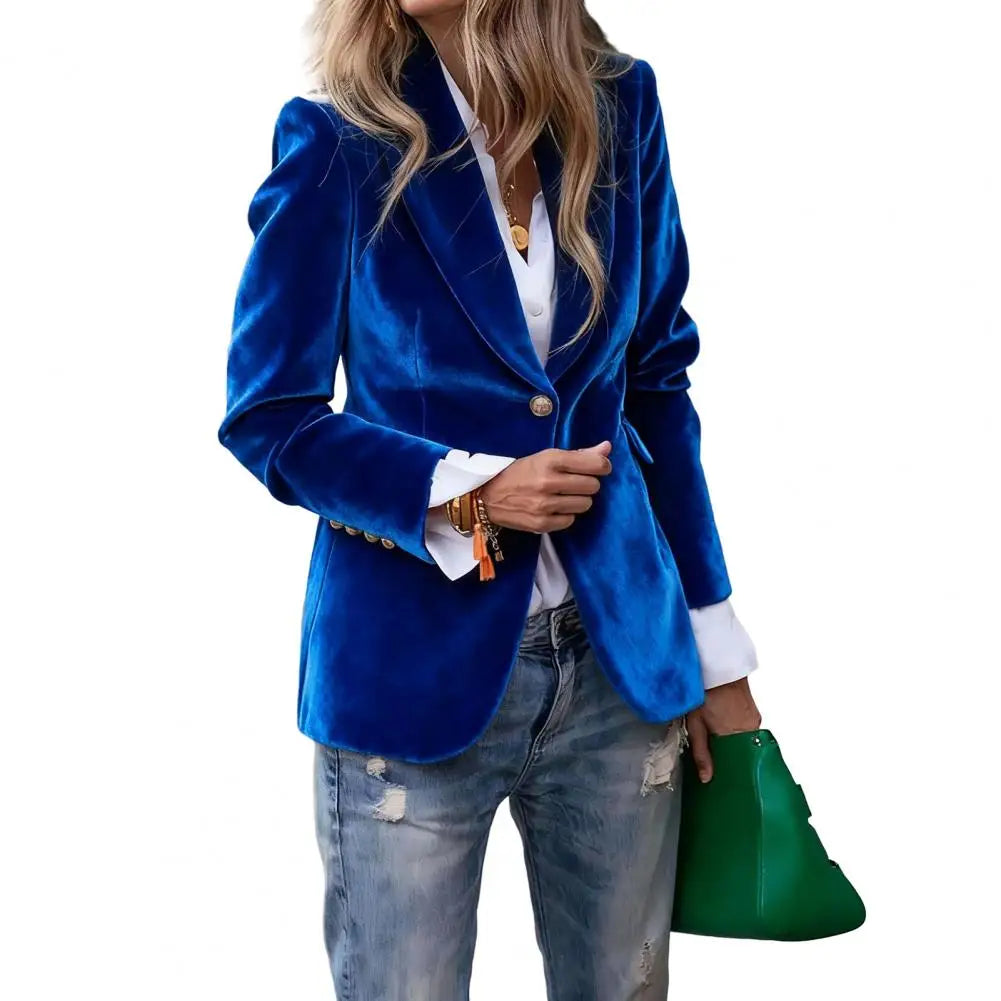 Elegant Velvet Blazer for Women Single Button Lapel Female Blazer Jacket Slim Fit Office Lady Outerwear Coat Spring Autumn Women