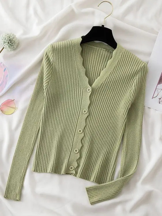 Sweater Knitted Cardigan Button Jacket 2023 Autumn Winter V-neck Long Sleeve Casual Tops For Women Sweater Green