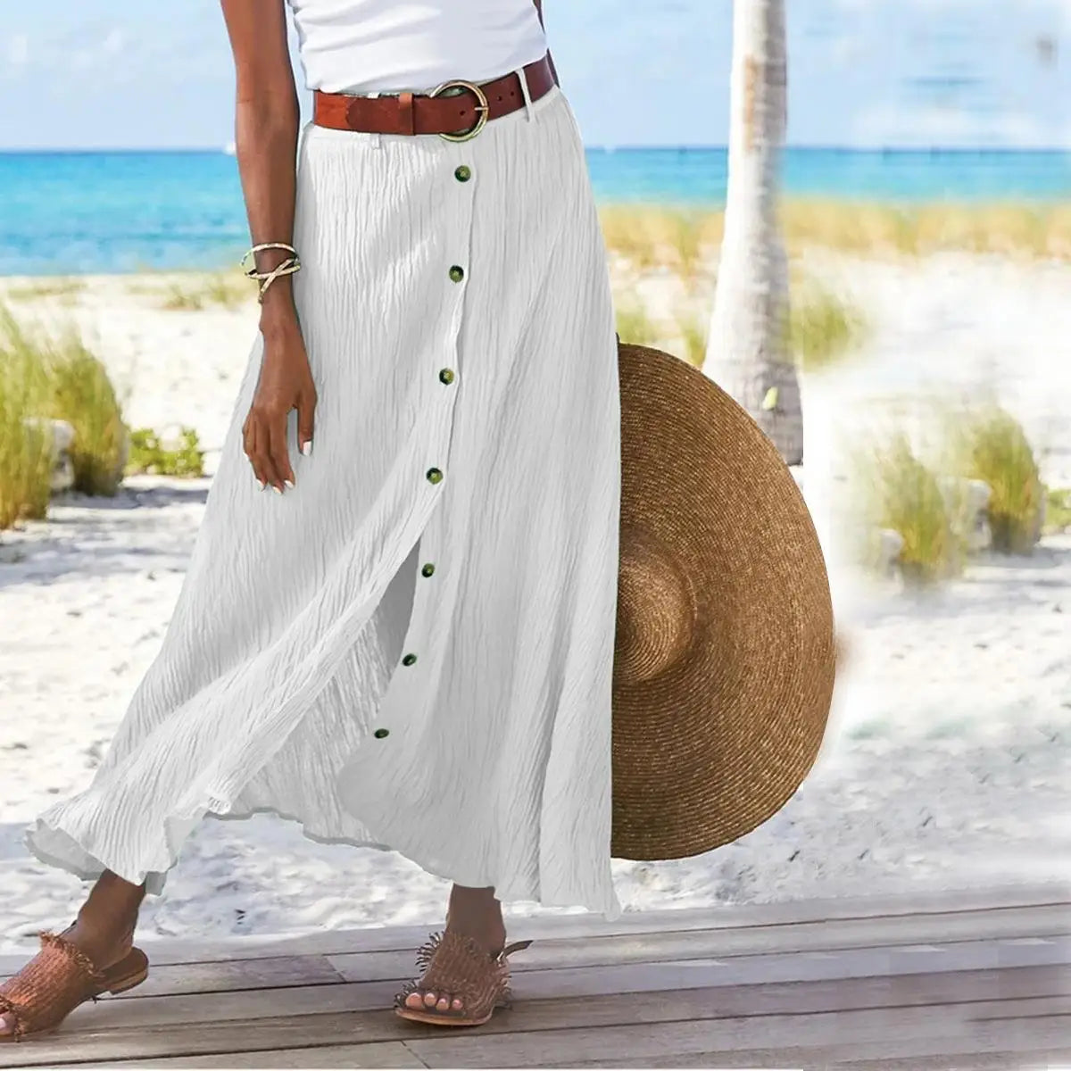 Cotton Linen Button-Front A-Line Maxi Skirt