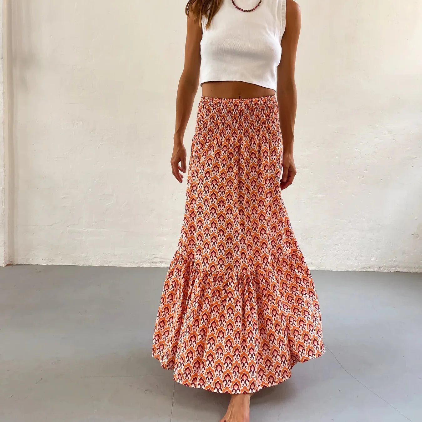 Elastic Waist Floral Print Boho Midi Skirt