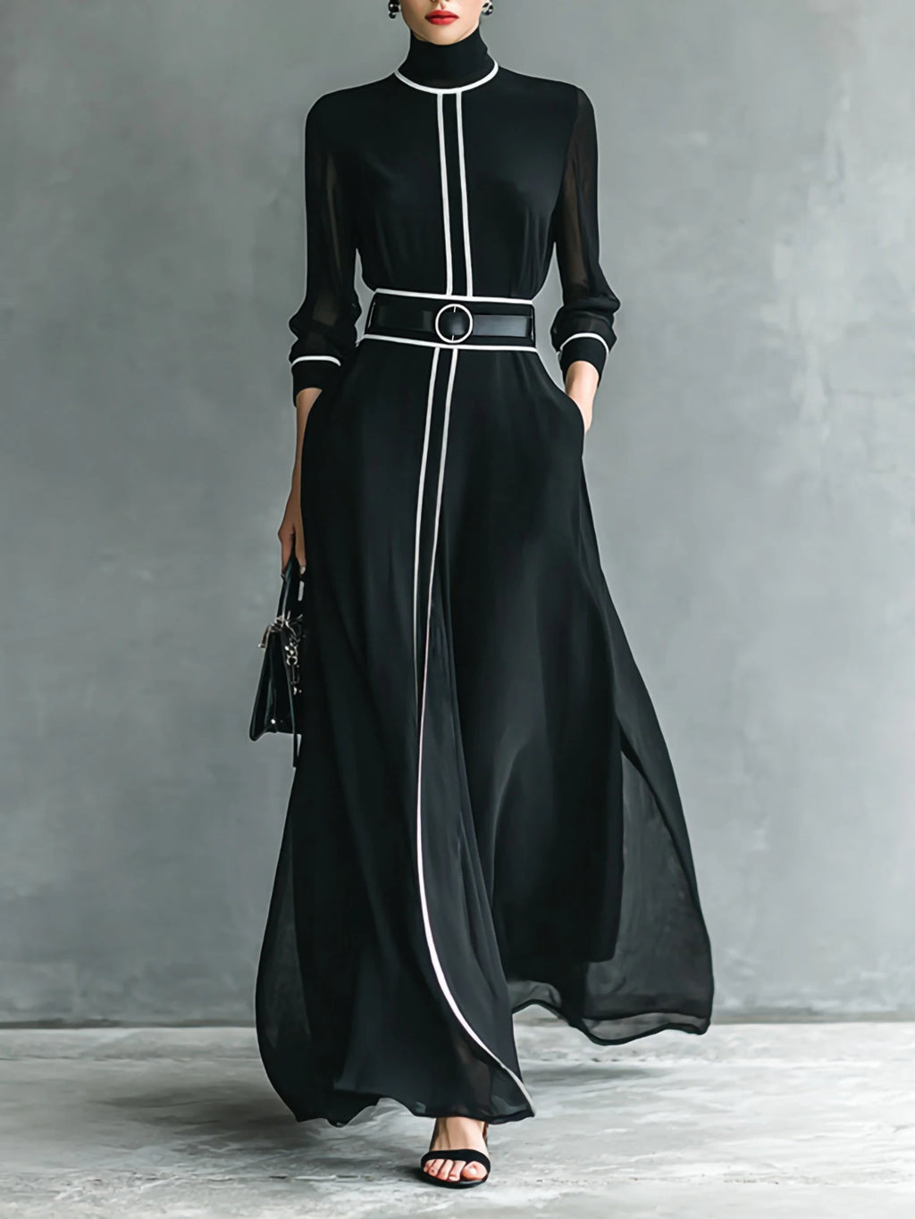 French Elegant Chiffon Maxi Dress, High Neck Long Sleeve with White Piping Trim, Ideal for Office, Business, Banquets & Parties