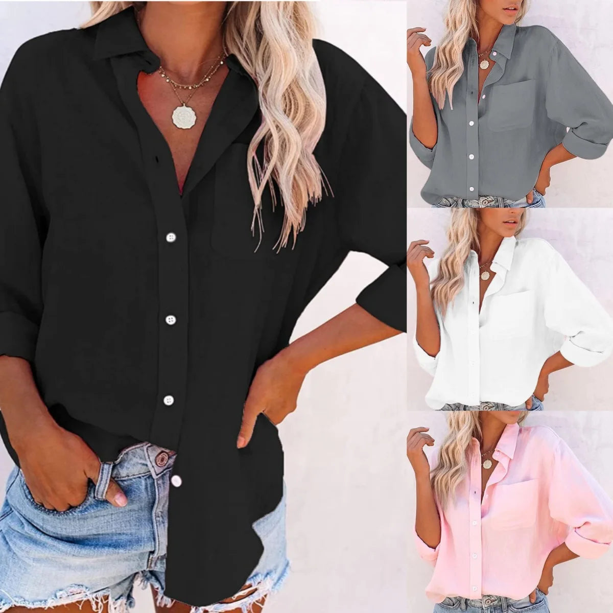 Women's White Shirt Long Sleeve Lapel Fashion Button Top Pocket Pink Casual Office Commuting Black Shirt
