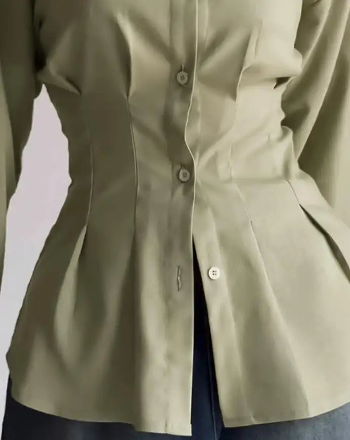 Women Shirt 2025 Spring New Turn-Down Collar Long Sleeve Button Front Blouse Casual Back Criss Cross Tied Detail Fishtail Shirt