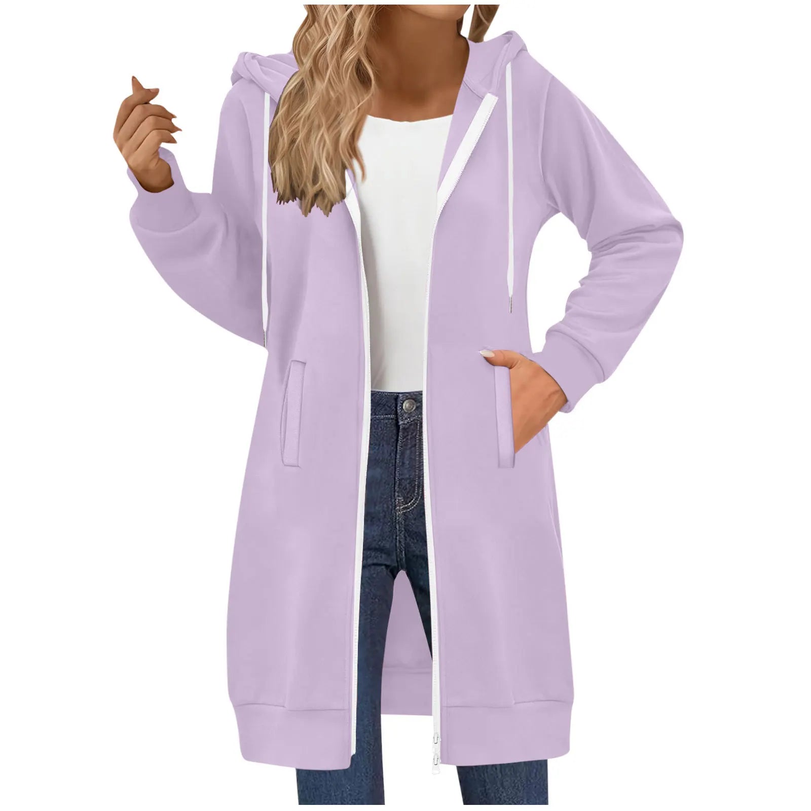 Women's Clothing Long Sweatshirt Casual Versatile Drawstring Long Sleeve Hooded Jacket with Pockets