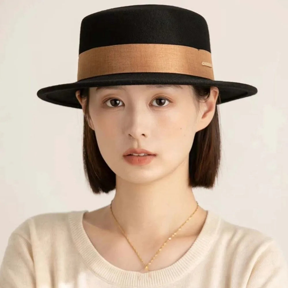 Women's Elegant Woolen Formal Hat Autumn and Winter Black Vintage Lady British Style Flat Top Hat Stage Accessories