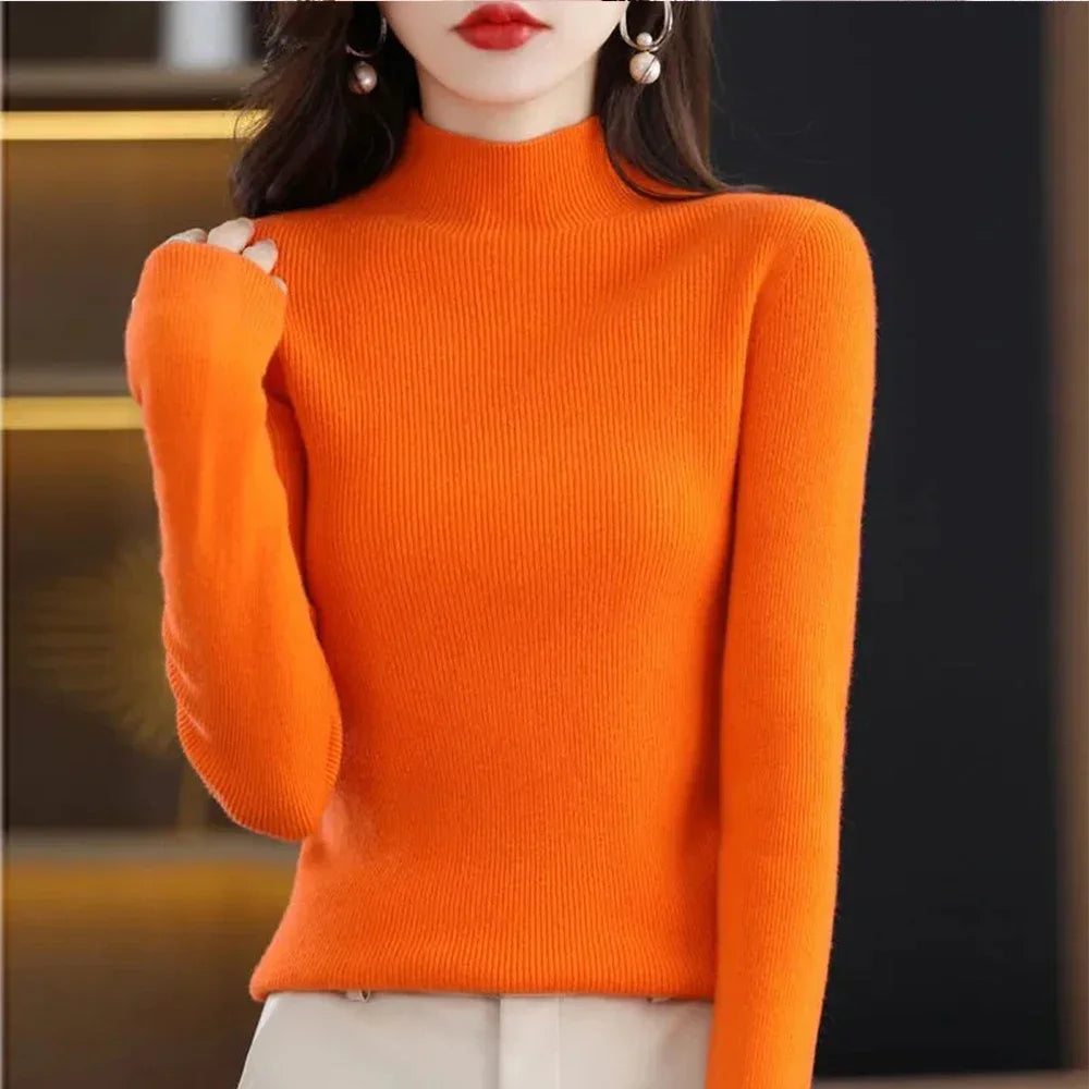 Temperament Pleated Pullover Sweater For Women Long-Sleeve Female S-2XL Siz Half High Collar Underlay Sleeve Sweater Slim Fit