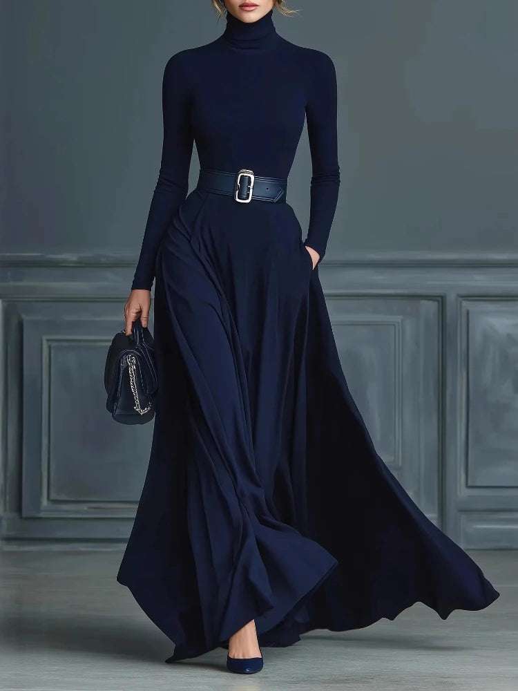 Women Elegant Solid Color Turtleneck Maxi Dress Solid With Pockets Long Skirt Dresses Long Sleeve Office Party Long Dresses