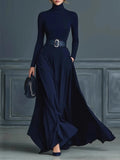 Women Elegant Solid Color Turtleneck Maxi Dress Solid With Pockets Long Skirt Dresses Long Sleeve Office Party Long Dresses
