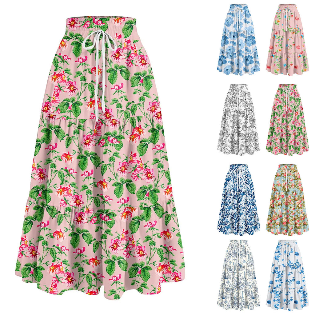 Women'S Boho Vintage Floral Print Maxi Skirt Elastic High Waist Pleated Flowy A Line Long Skirts Toddler Fall Falda Short