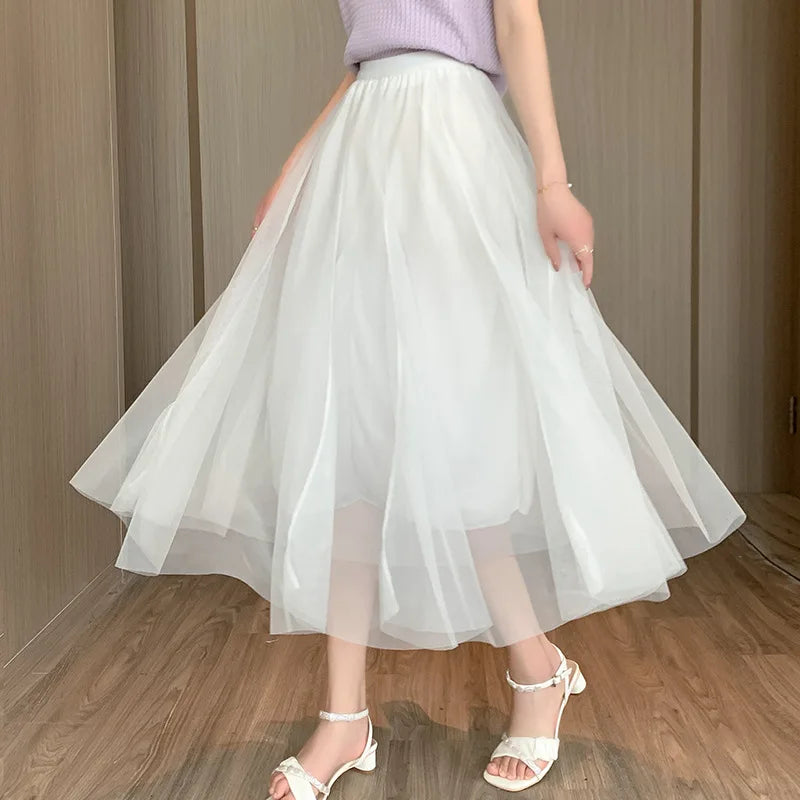 Mesh Skirt 2025 Spring Summer New Style for Women Fashion High Waist Mid-length Elastic Waist A-line Skirt Princess Long Skirt