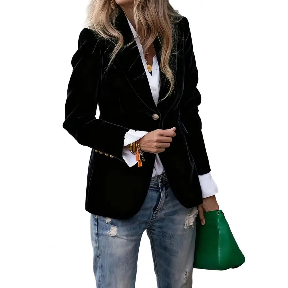 Elegant Velvet Blazer for Women Single Button Lapel Female Blazer Jacket Slim Fit Office Lady Outerwear Coat Spring Autumn Women