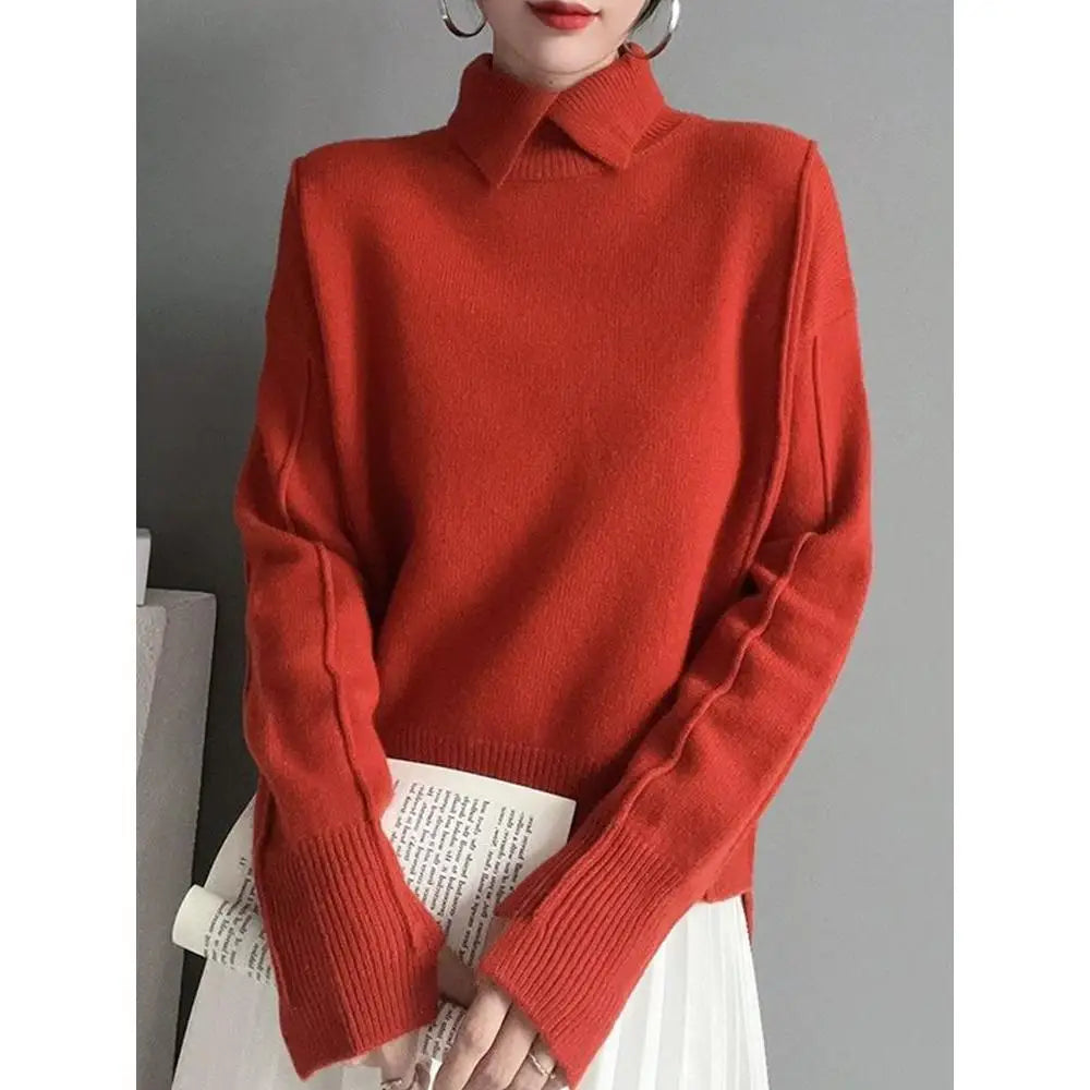 2025 Autumn Women Warm Shirt Turn-down Collar Solid Knit Pullover Winter Elegant All-match Long Sleeve Sweater Lady Elegant Tops