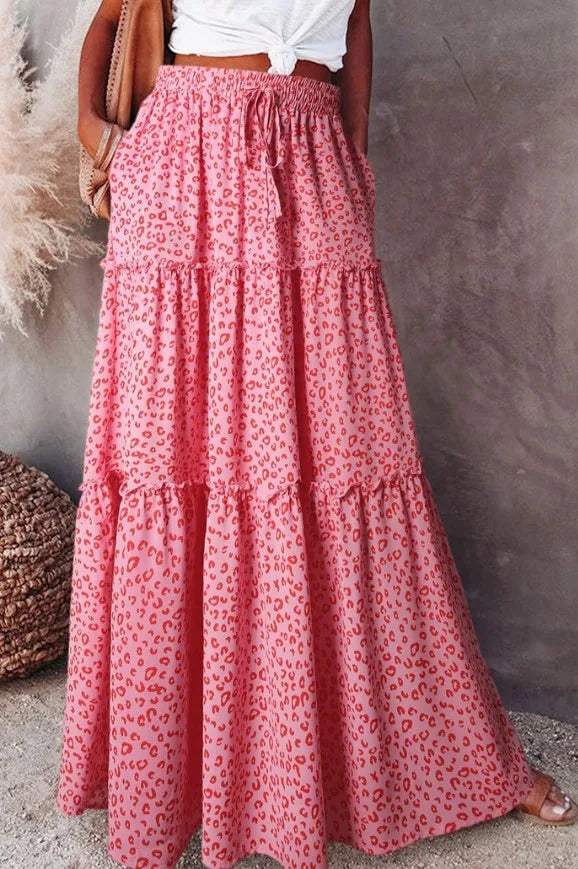 Floral Pocket Belted Pleated Maxi Skirt